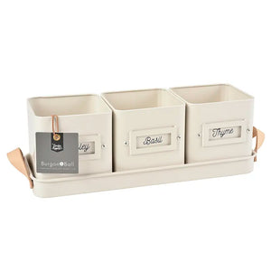 Burgon & Ball 3 Herb Pots in a Leather Handled Tray - Stone image