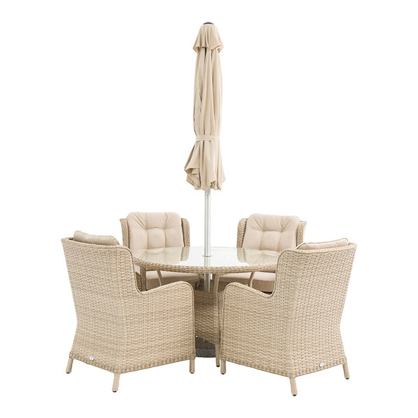 Bramblecrest Somerford 4 Seat Round Garden Dining Set in Sandstone Rattan with Parasol &amp; Base image 4