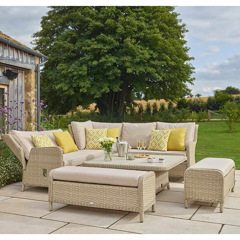 Bramblecrest Somerford Reclining Corner Sofa Set in Sandstone with Square Adjustable Table &amp; 2 Benches image 0