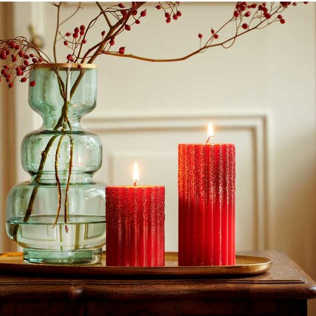 Decoris Red Glitter Ribbed Pillar Candle image 0