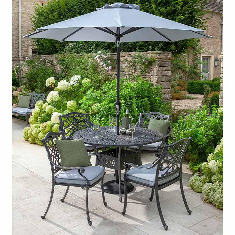 Hartman Capri 4 Seat Round Garden Dining Set in Antique Grey with Parasol &amp; Base image 0