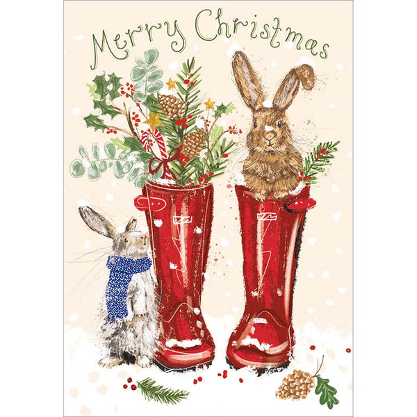 Woodmansterne Rabbits In Wellies Christmas Card