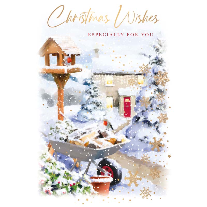 Words N Wishes Outdoor Scene with Wheelbarrow & Bird Table Christmas Card image 0