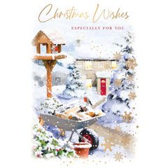 Words N Wishes Outdoor Scene with Wheelbarrow & Bird Table Christmas Card image 0