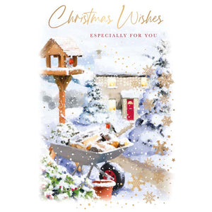Words N Wishes Outdoor Scene with Wheelbarrow & Bird Table Christmas Card image 0