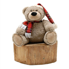 Festive Plush Light Brown Sitting Bear with Hat & Scarf (28cm) image 0