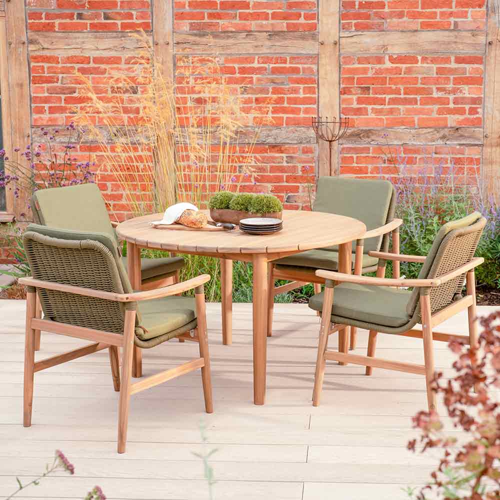 Kettler Meadow 4-Seat Wood & Rope Dining Set with 120cm Round Table, 3m Parasol & Base image 0