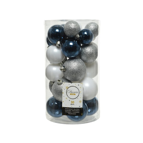 Decoris Shatterproof Baubles in Blue, Silver & White (Pack of 30) image 0