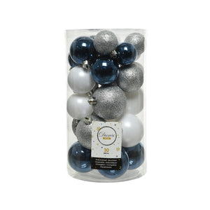 Decoris Shatterproof Baubles in Blue, Silver & White (Pack of 30) image 0