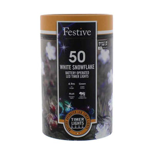Festive 50 White Snowflake LED String Lights with Timer image 1