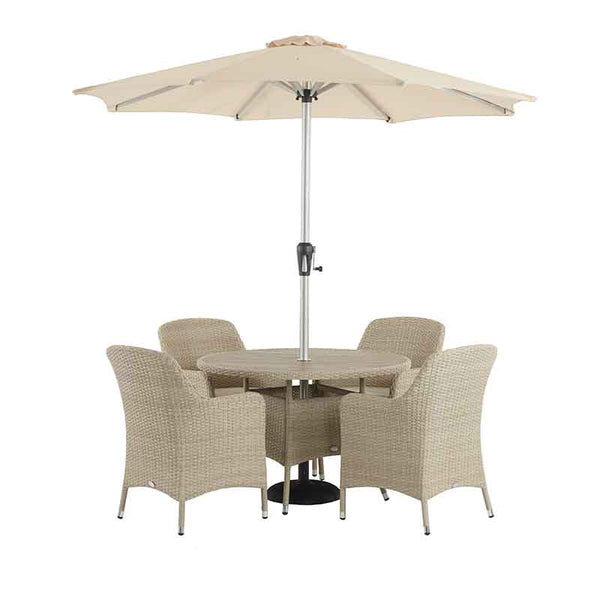 Bramblecrest Tetbury 4 Seat Round Outdoor Dining Set in Nutmeg Weave with Parasol & Base image 6