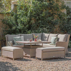 Bramblecrest Chedworth Reclining Corner Sofa with Square Dual Height Table &amp; 2 Benches in Sandstone Rattan image 0