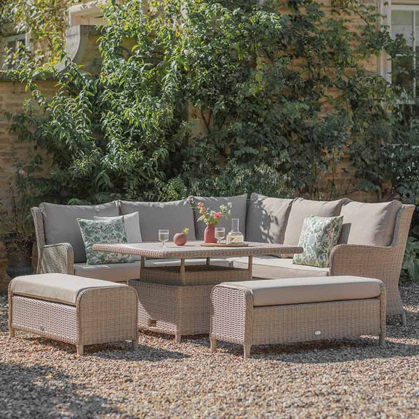 Bramblecrest Chedworth Reclining Corner Sofa with Square Dual Height Table &amp; 2 Benches in Sandstone Rattan image 0