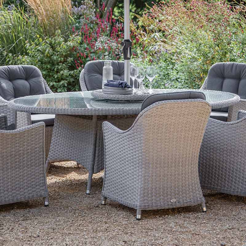 Bramblecrest Wentworth 8 Seat Outdoor Dining Set in Pewter Rattan with Elliptical Table, Lazy Susan, 3m Parasol &amp; 15kg Base image 0