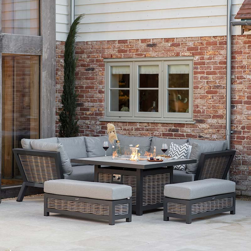 Bramblecrest Tuscan Corner Sofa Set with Square Firepit Table &amp; 2 Benches image 0