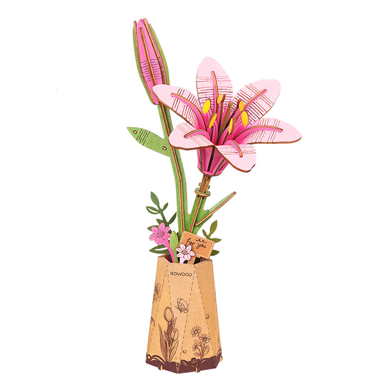 Robotime Pink Lily DIY Wooden Flower 3D Puzzle image 0