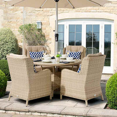 Bramblecrest Somerford 4 Seat Round Garden Dining Set in Sandstone Rattan with Parasol &amp; Base image 0