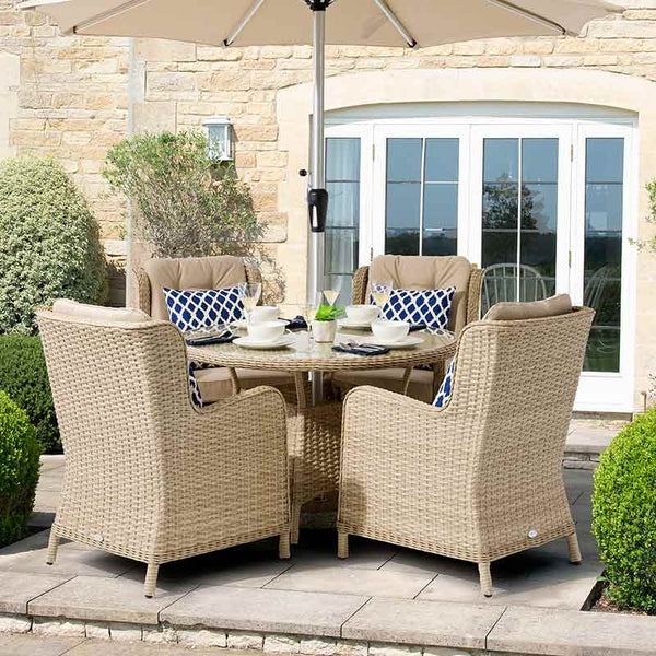 Bramblecrest Somerford 4 Seat Round Garden Dining Set in Sandstone Rattan with Parasol &amp; Base image 0