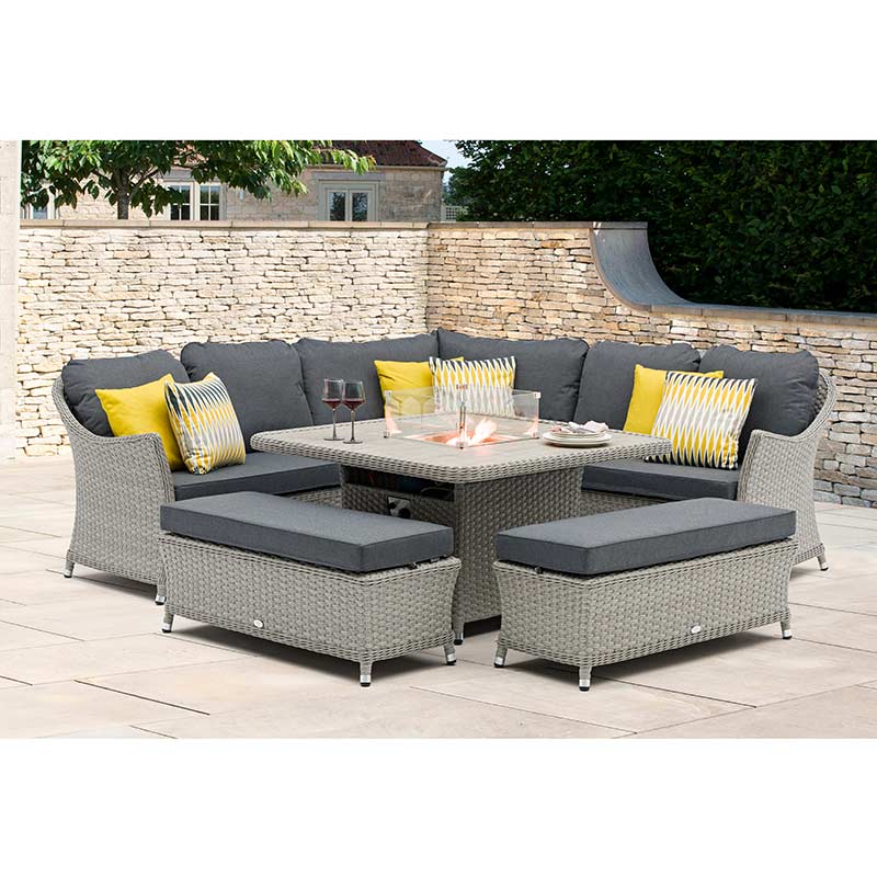 Bramblecrest Wentworth Curved Modular Corner Set in Pewter Rattan with Square Firepit Table &amp; 2 Benches image 0