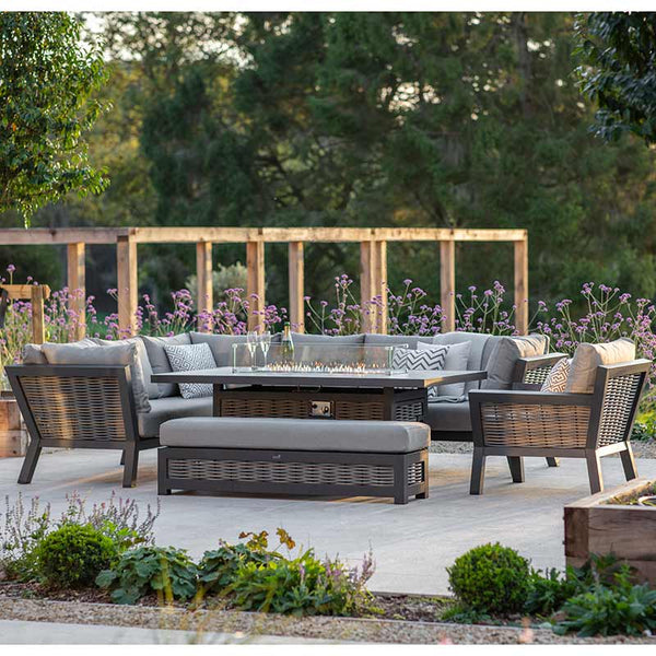 Bramblecrest Tuscan L-Shape Modular Sofa Set with Rectangular Firepit Table, Long Bench &amp; Sofa Chair image 0