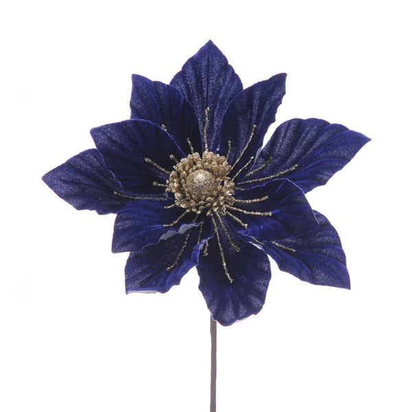 Festive Blue Velvet Magnolia Stem with Gold Glitter (34cm) image 0
