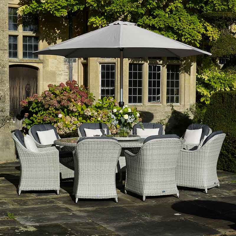 Bramblecrest Monterey 8 Seater Garden Dining Set in Dove Grey with Elliptical Table, Lazy Susan, Parasol & Base image 0