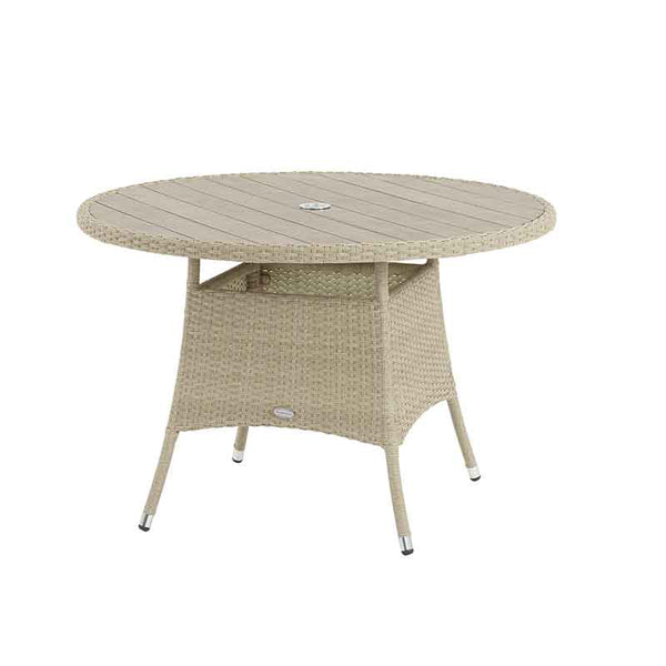 Bramblecrest Tetbury 4 Seat Round Outdoor Dining Set in Nutmeg Weave with Parasol & Base image 7