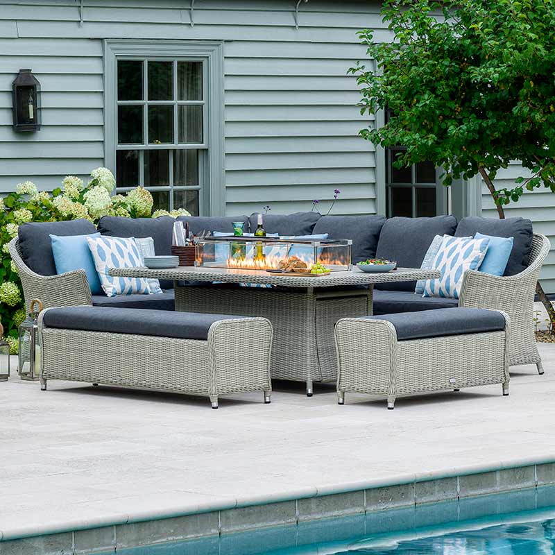 Bramblecrest Monterey L-Shape Corner Sofa Set in Dove Grey Rattan with Rectangular Firepit Table image 0