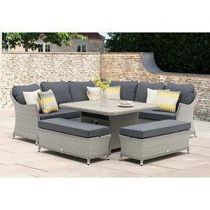 Bramblecrest Wentworth Curved Modular Corner Set in Pewter Rattan with Square Firepit Table &amp; 2 Benches image 1