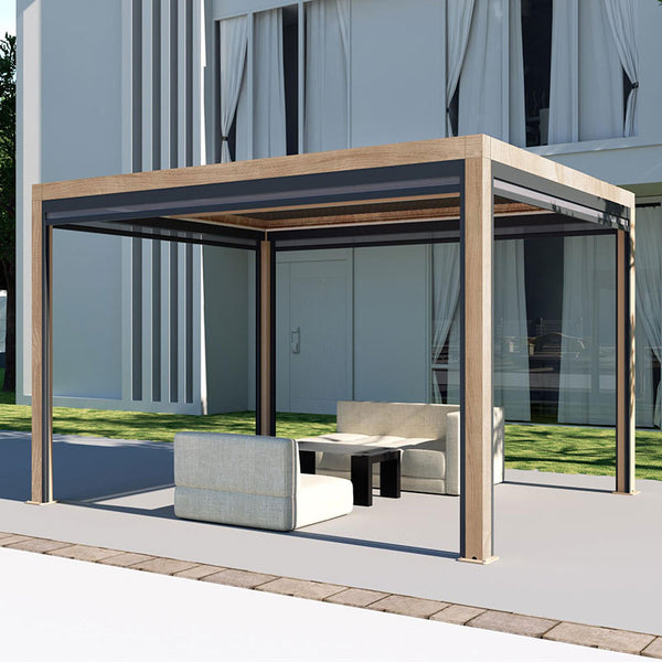 Supremo Belfort Wood Effect Rectangular Pergola with Curtains & LEDs (4m x 3m) image 1