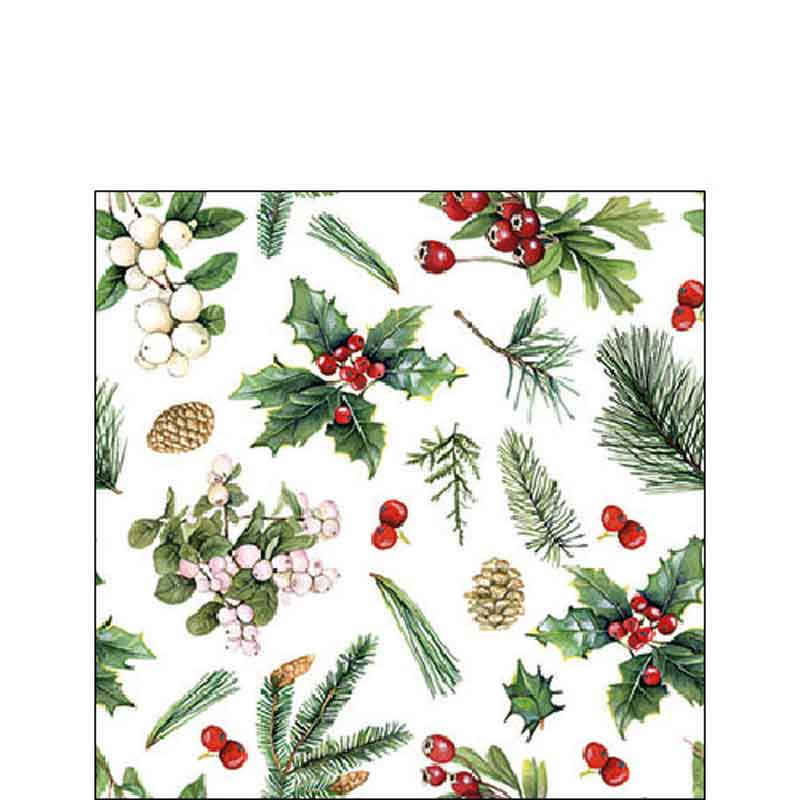 Ambiente Paper Cocktail Napkins - White Winter Greenery (Pack of 20) image 0