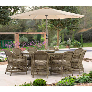 Bramblecrest RHS Rosemoor Rattan 8 Seat Elliptical Outdoor Dining Set with Lazy Susan, 3m Parasol &amp; Base image 0