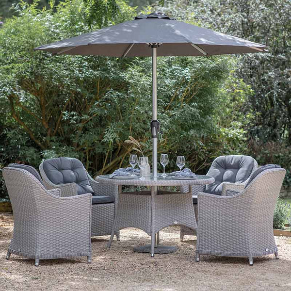 Bramblecrest Wentworth 4 Seat Garden Dining Set in Pewter Rattan with Round Table, 2.5m Crank Parasol & 15kg Base image 0
