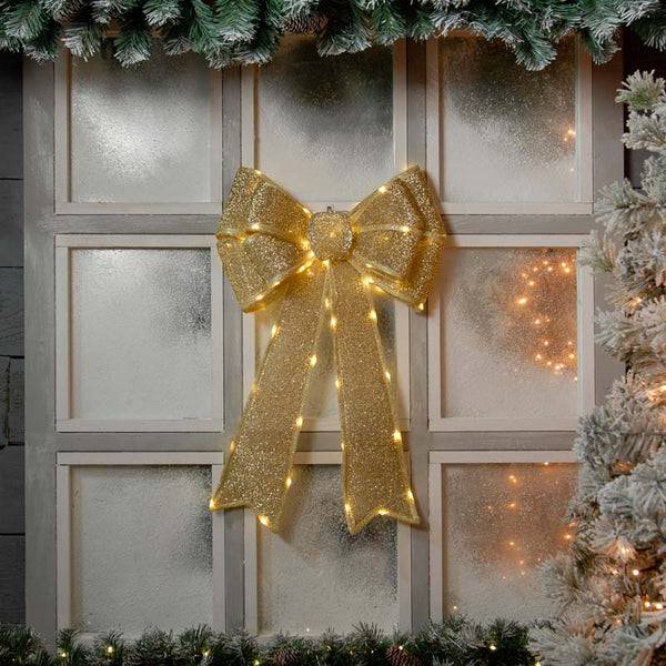 Festive Battery-Operated Lit Bow - Gold image