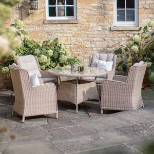 Bramblecrest Chedworth 4 Seat Garden Dining Set in Sandstone with Round Table, Parasol &amp; Base image 1