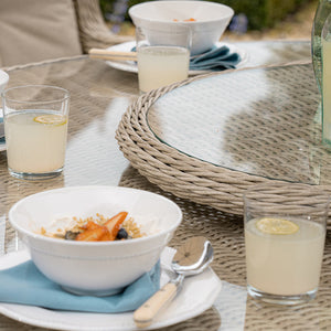 Bramblecrest Chedworth 6 Seat Garden Dining Set in Sandstone with Round Table, Lazy Susan, Parasol &amp; Base image 2