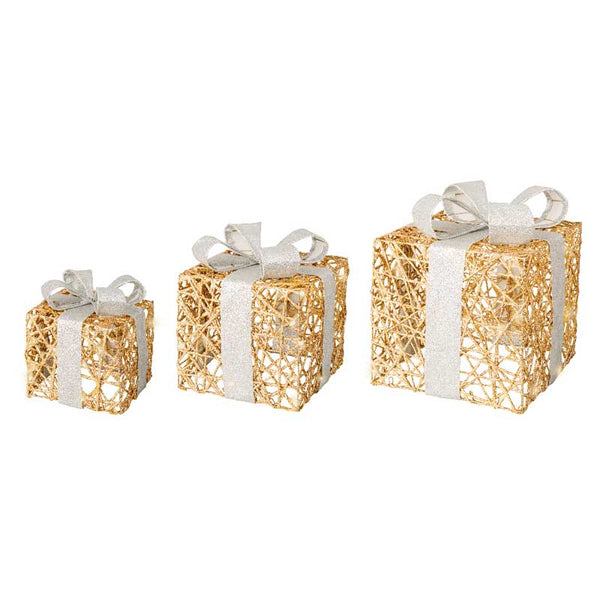 Lumineo Micro LED Battery-Operated Paper Giftboxes (Set of 3) - Gold Glitter with Silver Glitter Bow image