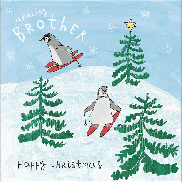 Woodmansterne Skiing Penguins Brother Christmas Card image 0