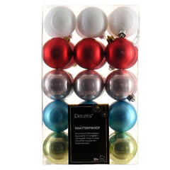 Decoris Shatterproof Baubles in Red, Blue & Green (Pack of 30) image 0