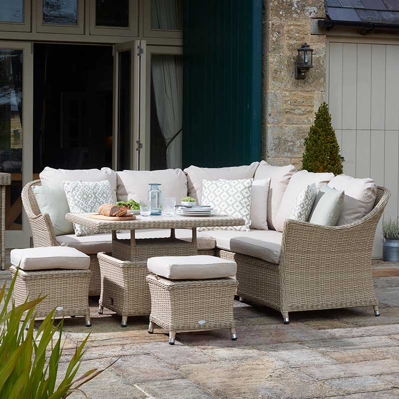 Bramblecrest Monterey Mini Corner Sofa Set in Sandstone Rattan with Dual Height Table image 0