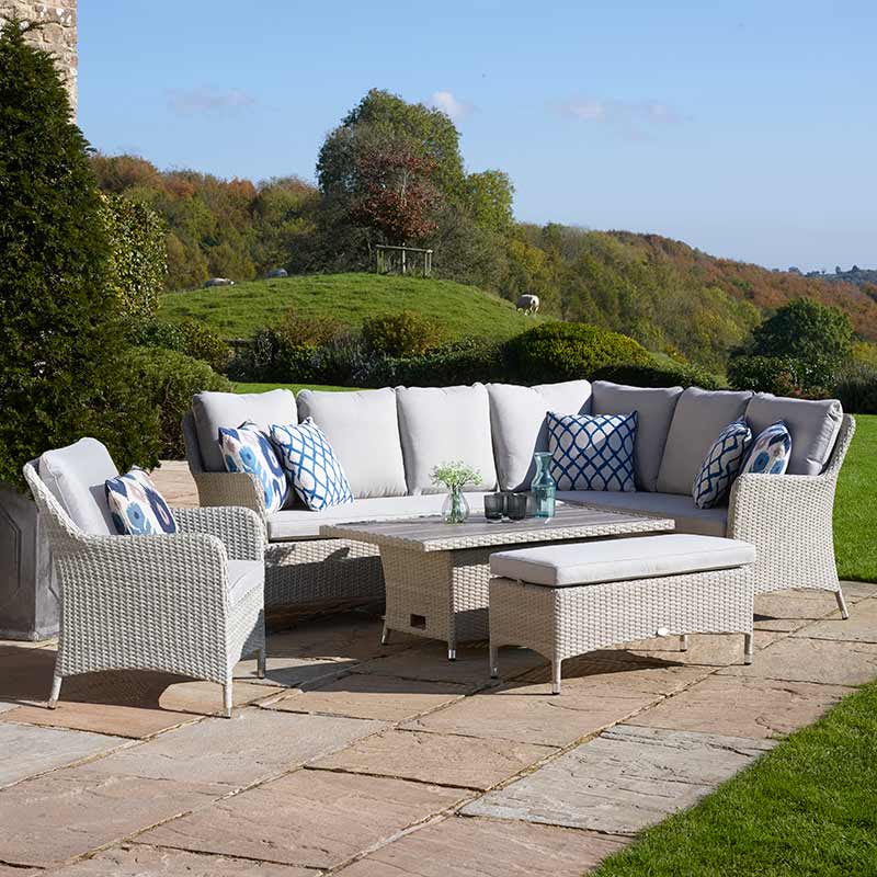 Bramblecrest Tetbury L-Shaped Garden Sofa Set in Nutmeg Weave with Dual Height Table, Dining Bench &amp; Sofa Chair image 0