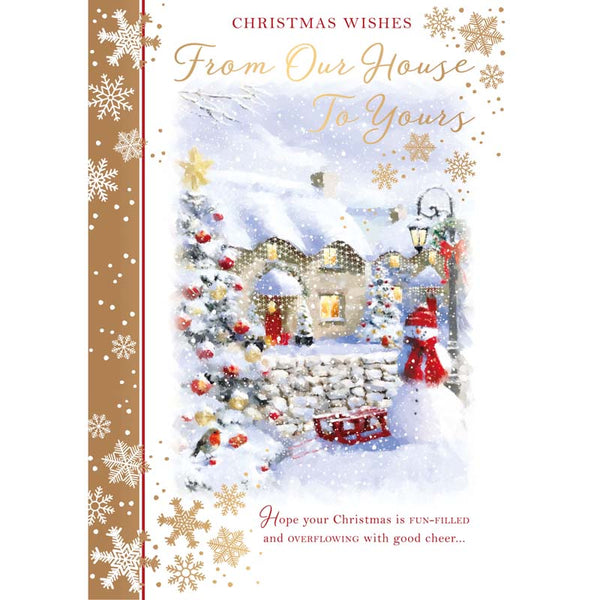 Words N Wishes Outdoor Scene with Tree, House & Snowman Christmas Card image 0