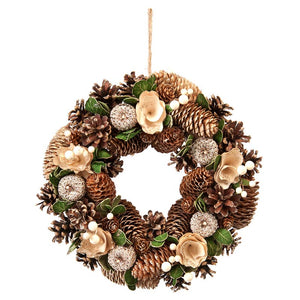 Festive Gold Rose & Pinecone Wreath - 30cm image