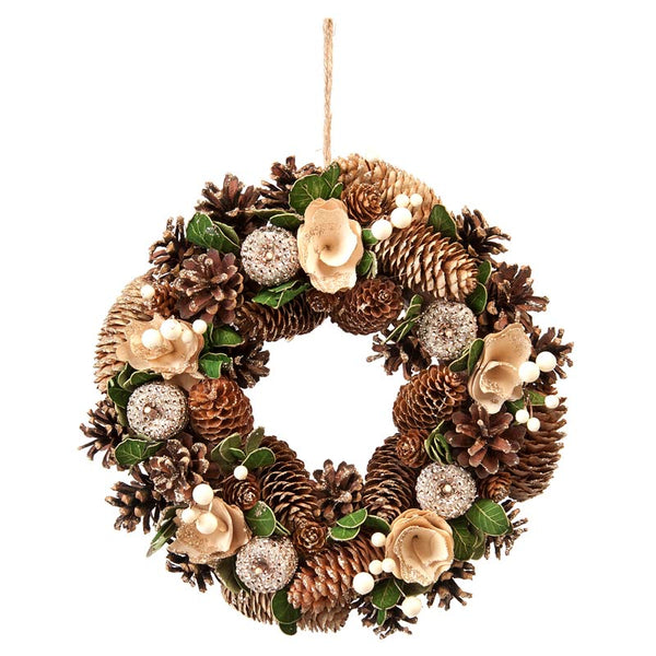Festive Gold Rose & Pinecone Wreath - 30cm image