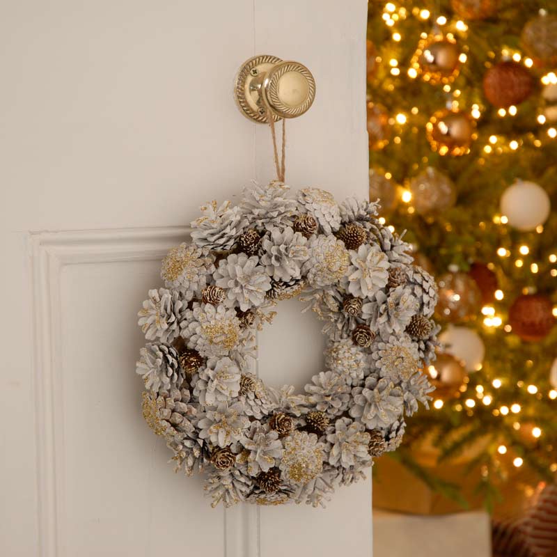 Festive White & Gold Pinecone Wreath image 0