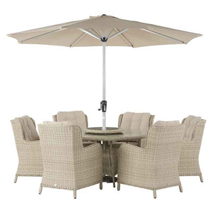 Bramblecrest Chedworth 6 Seat Garden Dining Set in Sandstone with Round Table, Lazy Susan, Parasol &amp; Base image 8