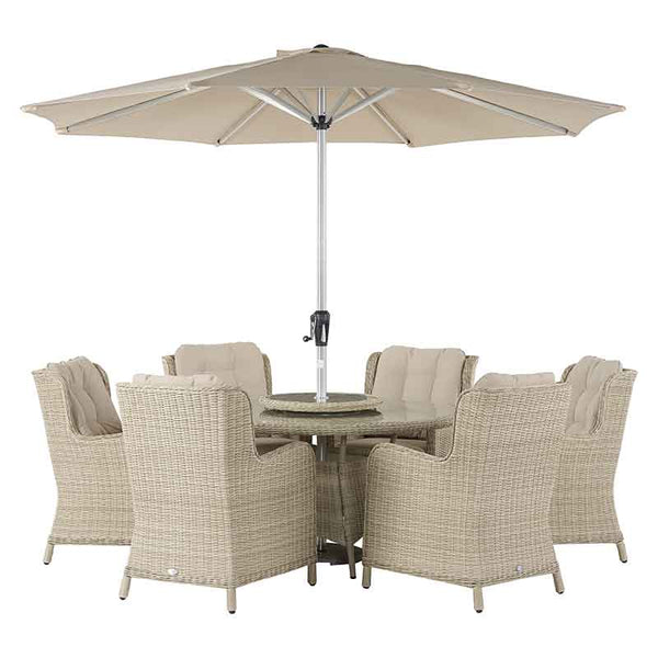 Bramblecrest Chedworth 6 Seat Garden Dining Set in Sandstone with Round Table, Lazy Susan, Parasol &amp; Base image 8