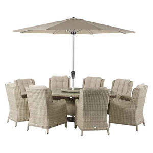 Bramblecrest Chedworth 8 Seat Outdoor Dining Set in Sandstone with Elliptical Table, Lazy Susan, Parasol &amp; Base image 3