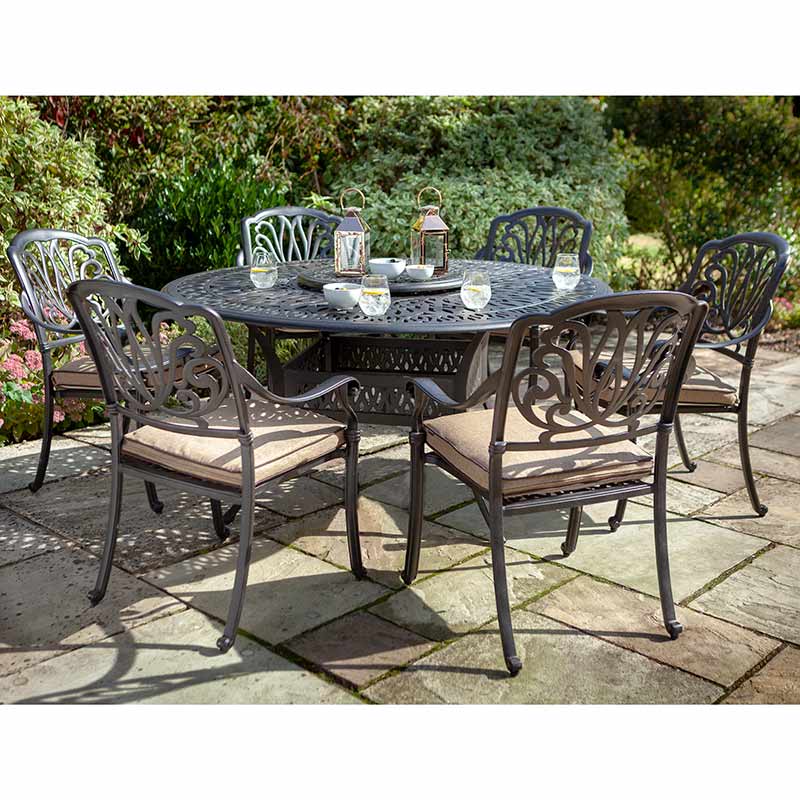 Hartman Amalfi 6 Seat Garden Dining Set in Bronze with Round Table, Lazy Susan, 3m Parasol &amp; 15kg Base image 0