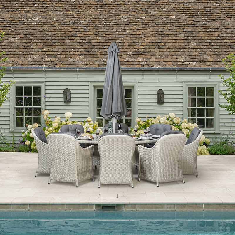 Bramblecrest Monterey 8 Seater Garden Dining Set in Dove Grey with Elliptical Table, Lazy Susan, Parasol & Base image 0